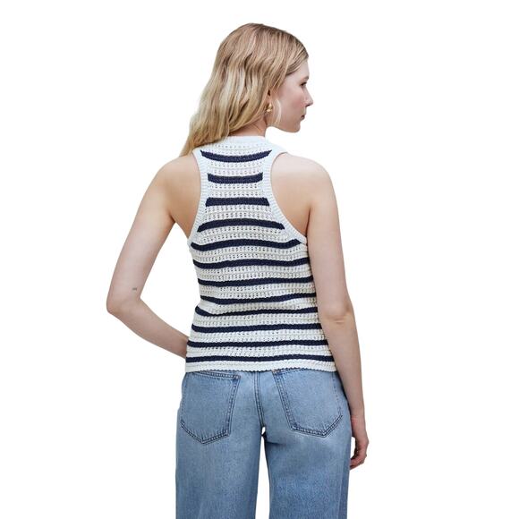 Madewell XS Crochet Knit Tank Top White Navy Stripe Cotton Summer - Picture 3 of 8